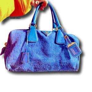 PRADA Bauletto Handbag Denim Shoulder Bag Crossbody Convertible Hand Bag
